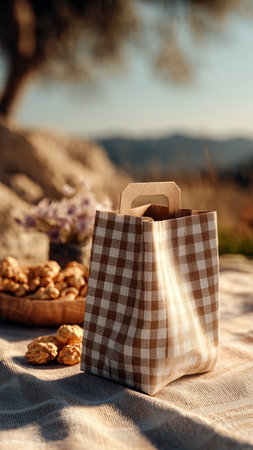 Bag with walnuts on the background of the mountain landscape.の写真素材