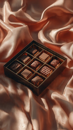 Box of assorted chocolates on satin background, top view