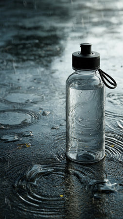 bottle of water on wet background, water drops on wet surfaceの写真素材
