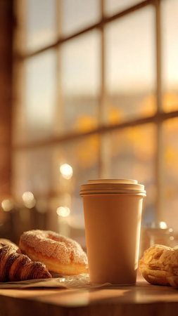 Coffee cup and croissants on table near window in cafeの写真素材