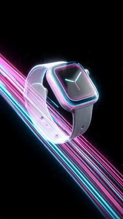 Futuristic Smart Watch on a black background with colorful neon lightsの写真素材