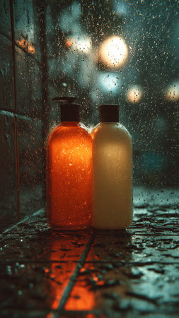 cosmetic bottles on wet glass with rain drops background - vintage filterの写真素材