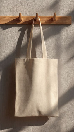 Eco bag hanging on wooden hanger with shadow on white wallの写真素材