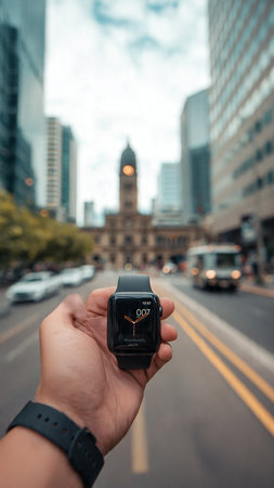 Man hand holding smart watch with blurry city background, vintage tone.の写真素材