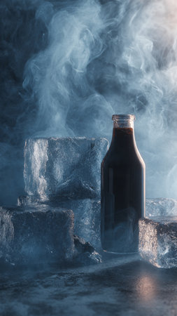 Bottle with ice cubes and smoke on dark backgroundの写真素材