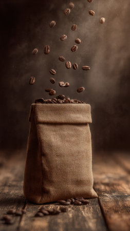 Coffee beans falling from a burlap bag on wooden backgroundの写真素材