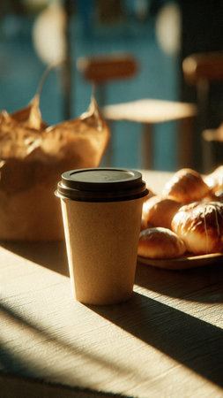 Coffee cup and bread on the table in the morning sunlightの写真素材