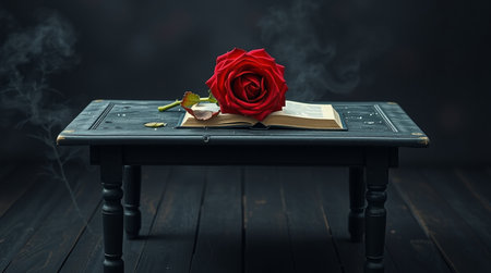 Red rose and a book on a wooden table with smoke in the darkの写真素材