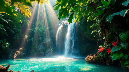 Beautiful waterfall in tropical rainforest with sunbeams and lens flareの写真素材