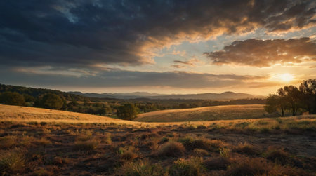 Sunset in the fields of Extremadura (Spain) in autumnの写真素材