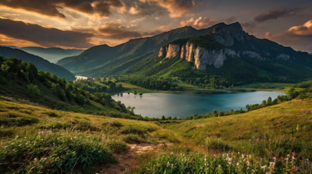 Beautiful mountain landscape with lake in the mountains at sunset.の写真素材