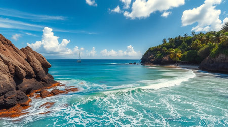 Panoramic view of beautiful beach with turquoise water and blue skyの写真素材