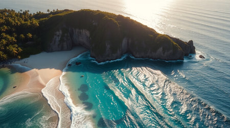 Aerial view of beautiful beach with white sand, turquoise ocean water and blue sky at sunset. Drone photography.の写真素材