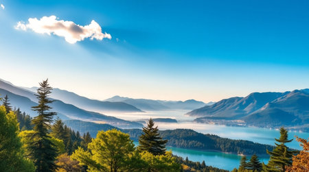 Panoramic view of Lake Tahoe and the surrounding mountains.の写真素材