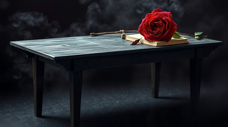 Red rose on a black wooden table with a book and a cigaretteの写真素材