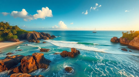 Panoramic aerial view of Seychelles beach at sunsetの写真素材