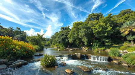 Landscape of a river flowing through a tropical garden in a sunny dayの写真素材