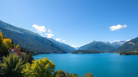 panoramic view of beautiful alpine lake and mountains under blue skyの写真素材
