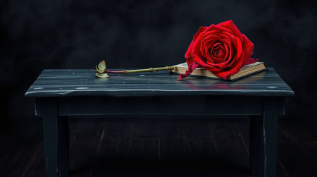 Red rose and a book on a wooden table with black background.の写真素材