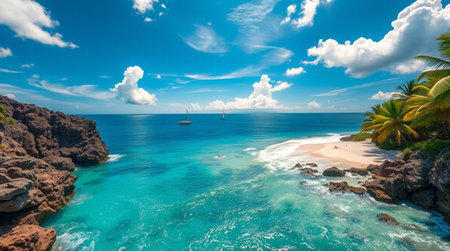 Panorama of beautiful beach with turquoise water and white sand