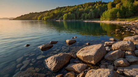 Landscape of a beautiful lake at sunset with stones in the foreground