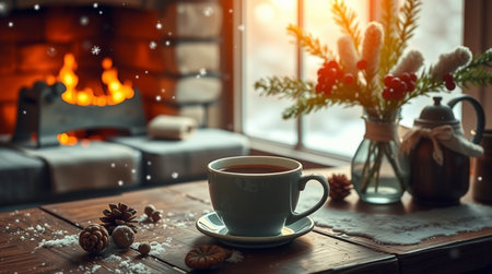 Cup of coffee on a wooden table in front of a fireplaceの写真素材