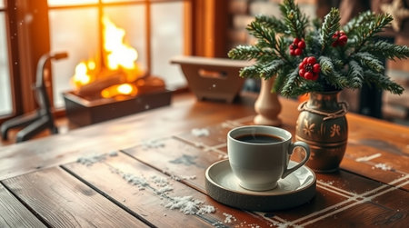 Cup of coffee on a wooden table near the fireplace. Christmas background.