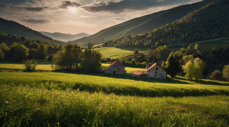 Sunset in the mountains. Rural landscape with fields and farm houseの写真素材