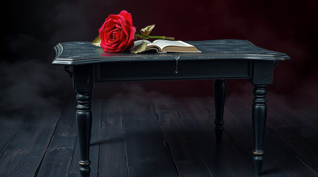 Red rose and old book on a black wooden table with dark backgroundの写真素材
