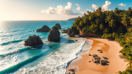 Aerial view of beautiful tropical beach with coconut palm tree at sunset timeの写真素材