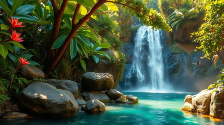 Beautiful waterfall in the tropical garden. Nature background and wallpaper.の写真素材