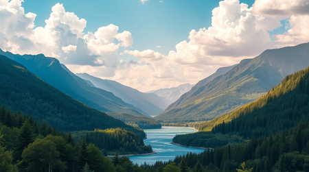 Panoramic view of the lake in the mountains. Summer landscape.の写真素材