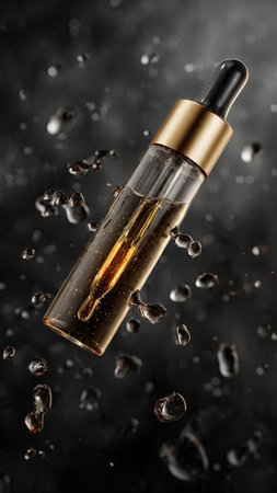 Glass dropper bottle with serum or oil on black background with water dropsの写真素材