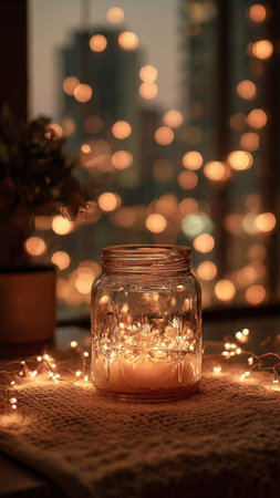 Christmas lights in a glass jar on a background of the window.の写真素材