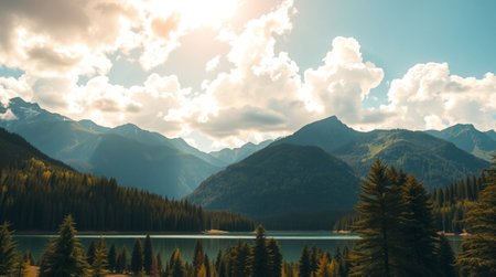Panoramic view of mountain lake with forest and cloudy sky.の写真素材