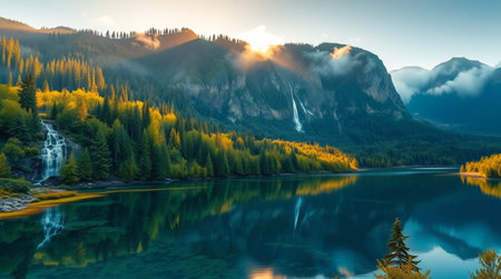 Beautiful alpine lake in the mountains at sunset, Switzerland.の写真素材
