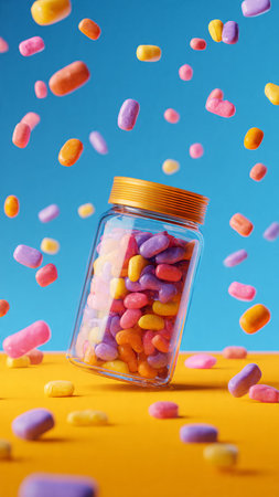 Glass jar full of colorful candies on yellow and blue background.の写真素材