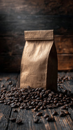 Coffee beans in a paper bag on a dark wooden background