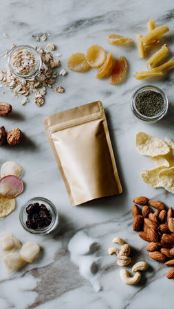 Ingredients for homemade pasta with nuts and dried fruitsle background, top viewの写真素材