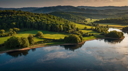 Aerial view of a river and mountains at sunset. Beautiful summer landscape.の写真素材