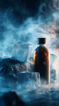 Ice cubes and bottle of cold drink on dark blue background with smokeの写真素材
