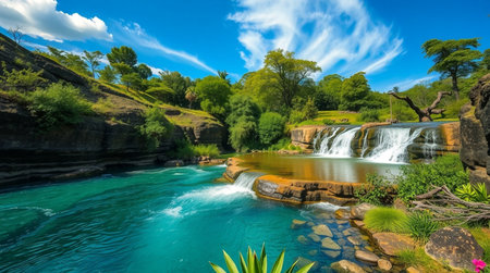 Beautiful view of a waterfall in the jungle of Zimbabwe, Africaの写真素材