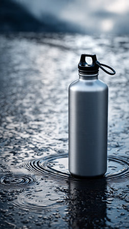 Sport water bottle on a wet surface with ripples and raindropsの写真素材
