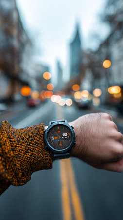 Close-up of a man using a smart watch in the cityの写真素材