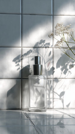 Perfume bottle with shadow on the tile wall. 3d renderの写真素材