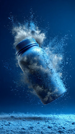 Sport water bottle with powder splashing out of it. Sport concept