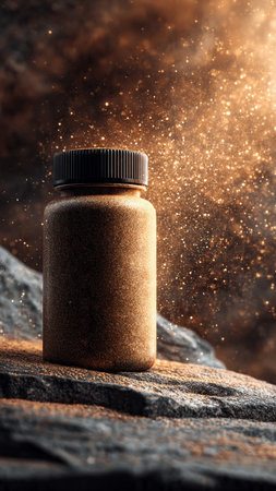 Cosmetic bottle with a black cap on a stone background with a golden dust trail.の写真素材