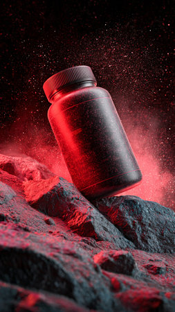 Protein supplement bottle on dark background with red powder. Sports nutrition concept.の写真素材