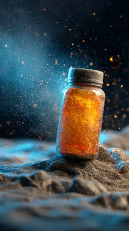Spilled orange potion in a bottle on the sand. Halloween concept.の写真素材