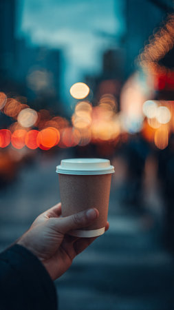 A man holds a paper cup of coffee on the background of the night city.の写真素材